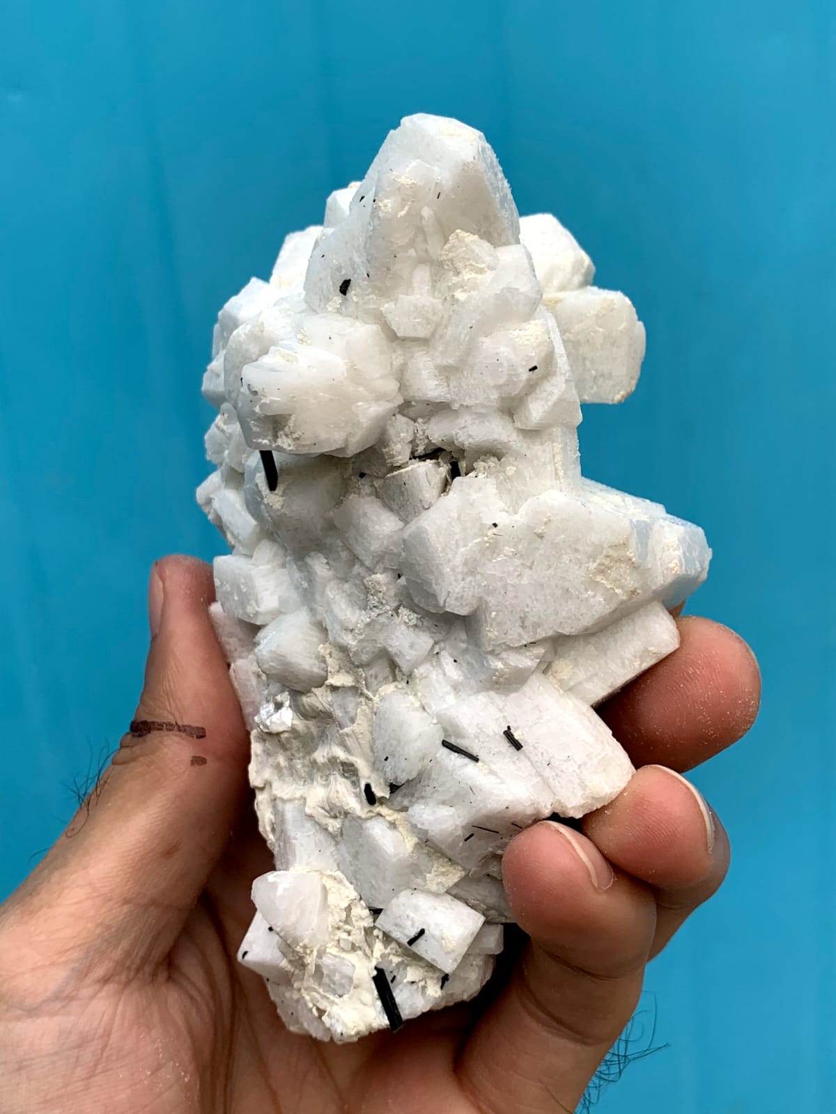 Milky White Aggregate Of Microcline Feldspar Crystals With Black Tourmaline