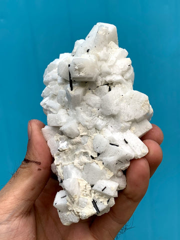 Milky White Aggregate Of Microcline Feldspar Crystals With Black Tourmaline