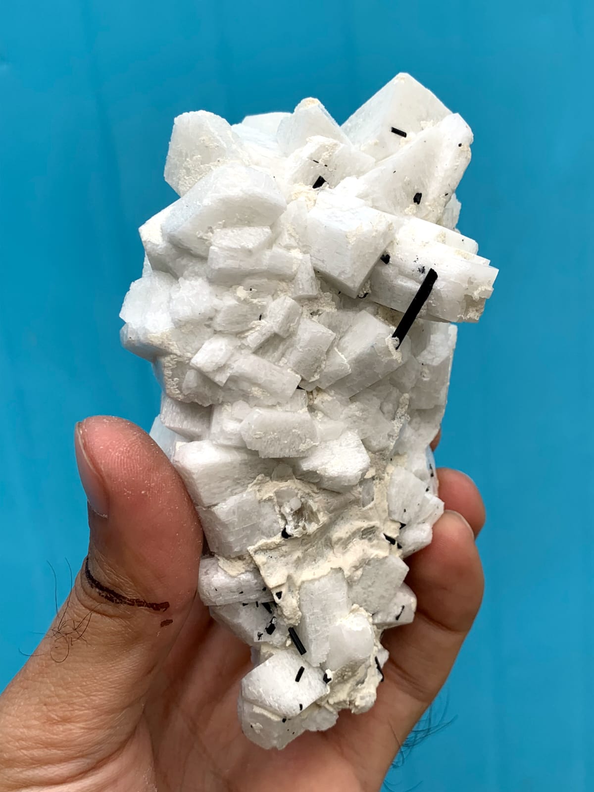 Milky White Aggregate Of Microcline Feldspar Crystals With Black Tourmaline