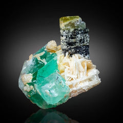 Mint Green Fluorite with Tourmaline on White Albite