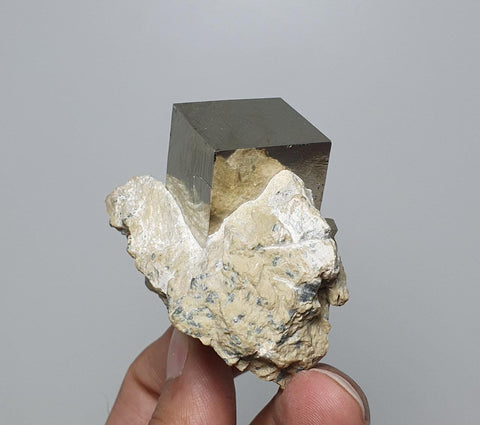 Perfect and Metallic Pyrite Cube Nicely Perched on Marl Matrix