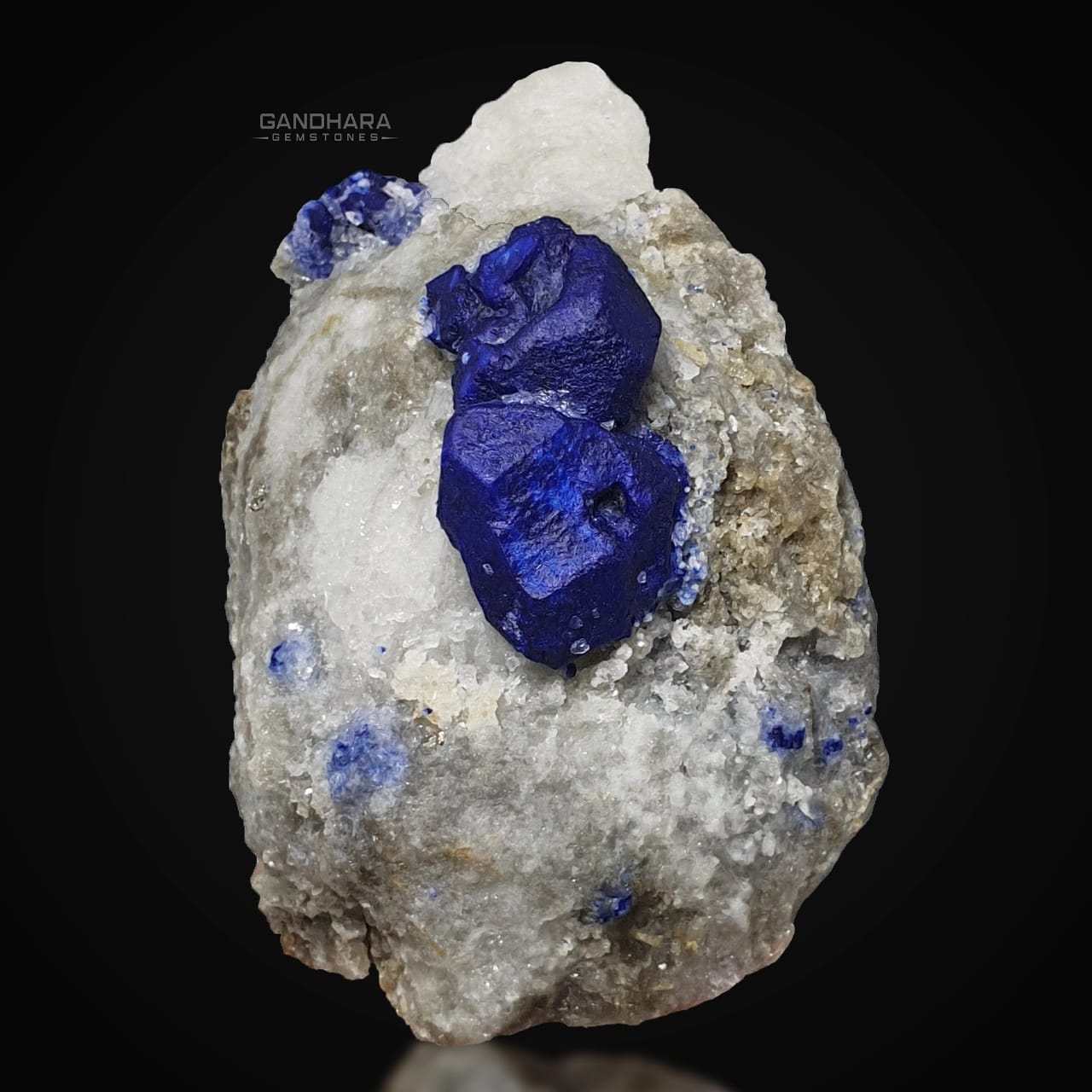 Pretty Vibrant Blue Lazurite Crystal on Calcite