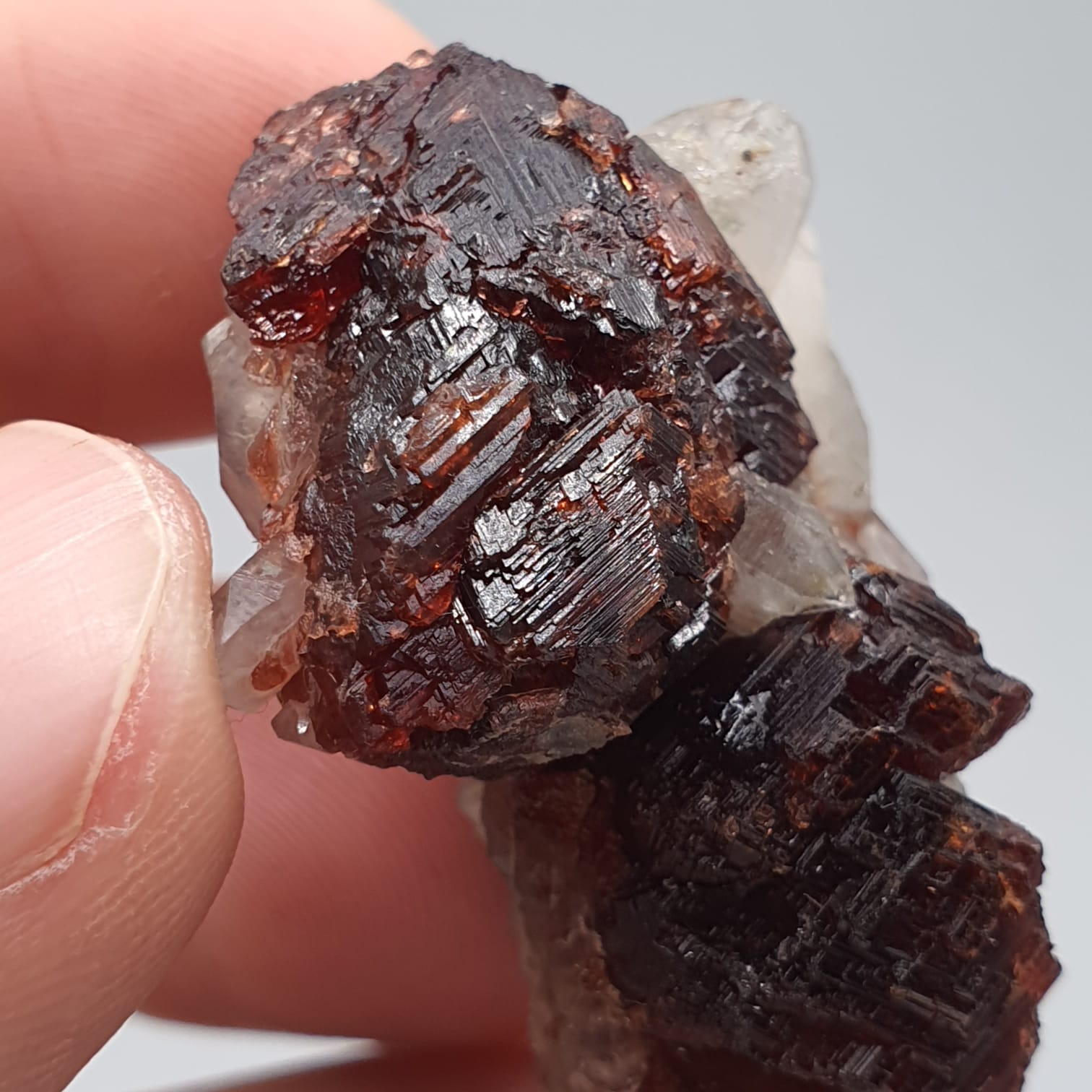 Red Spessartine Garnet Crystals On Quartz