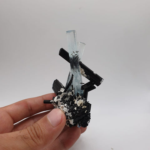 Robust Cluster of Aquamarine with Lusterious Schorl on Albite