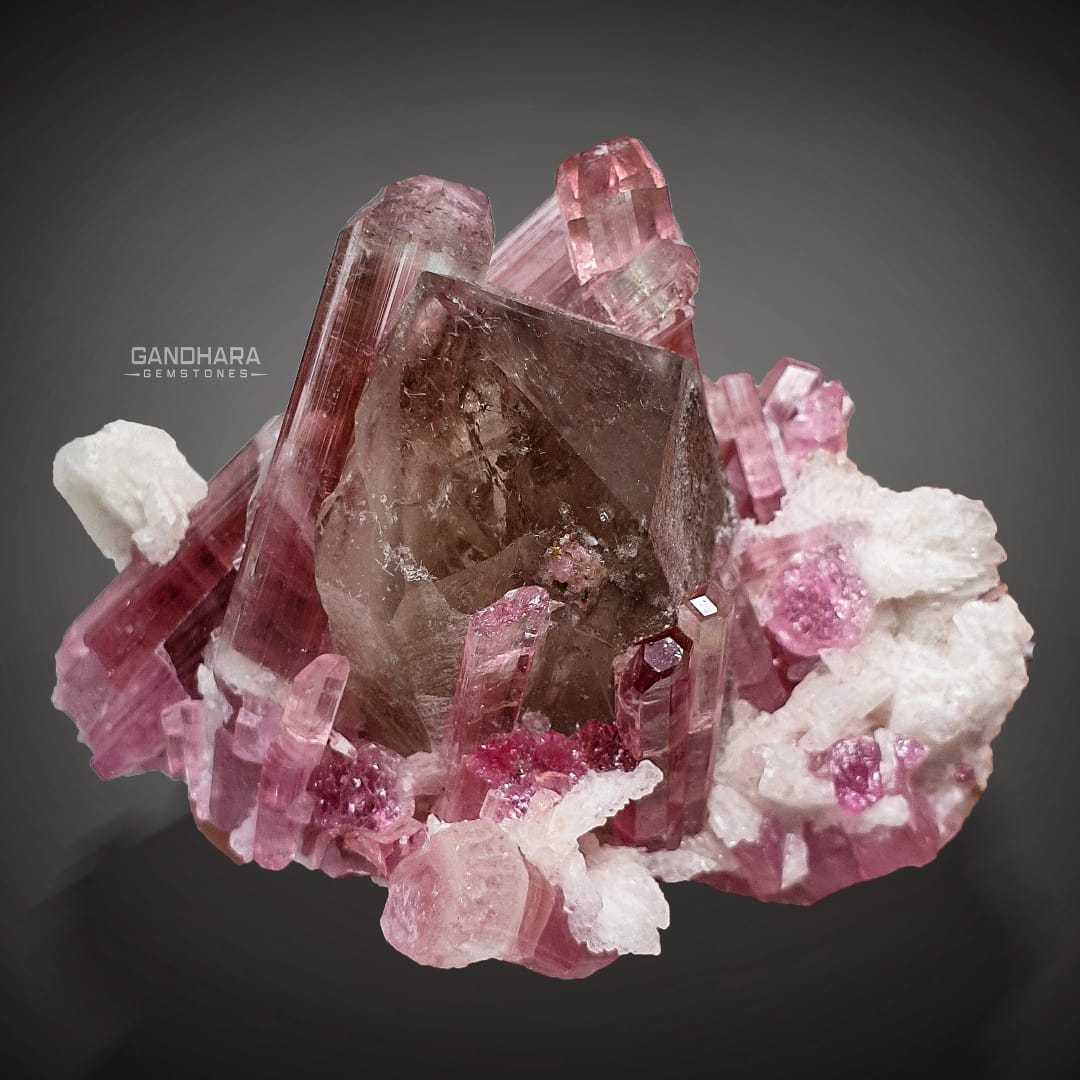 Rubellite Pink Tourmaline Cluster on Smoky Quartz | Gandhara Gems