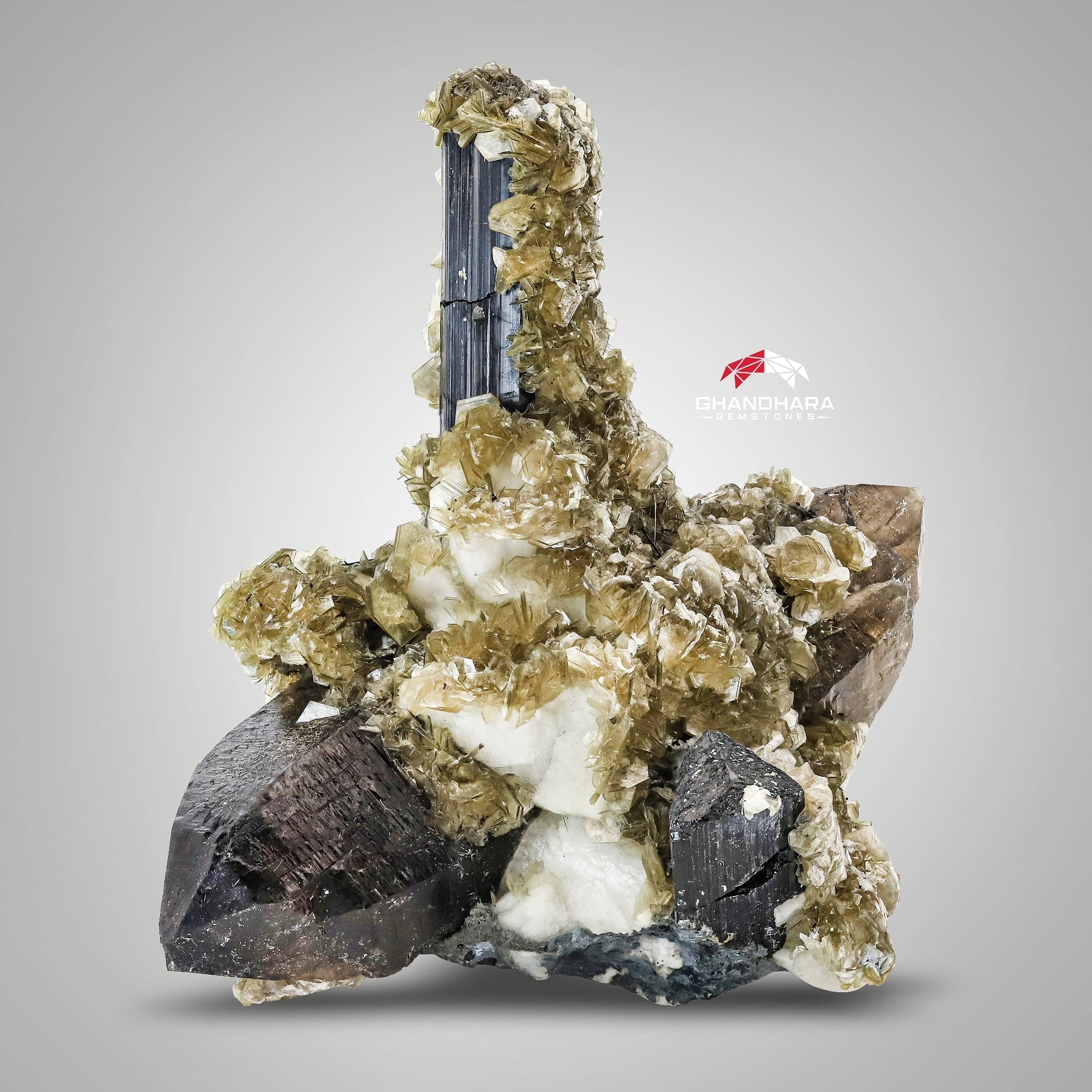 Sculptural Specimen Of Schorl Crystals On Smoky Quartz With Muscovite