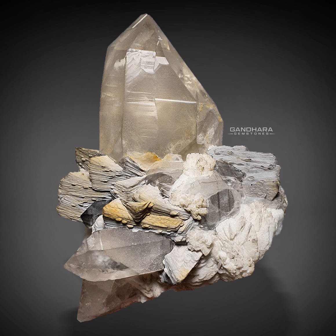Smokey Quartz Crystal on bladed Muscovite with Albite