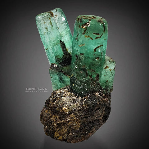 V Shape Gemmy Emerald Crystals on Muscovite Matrix