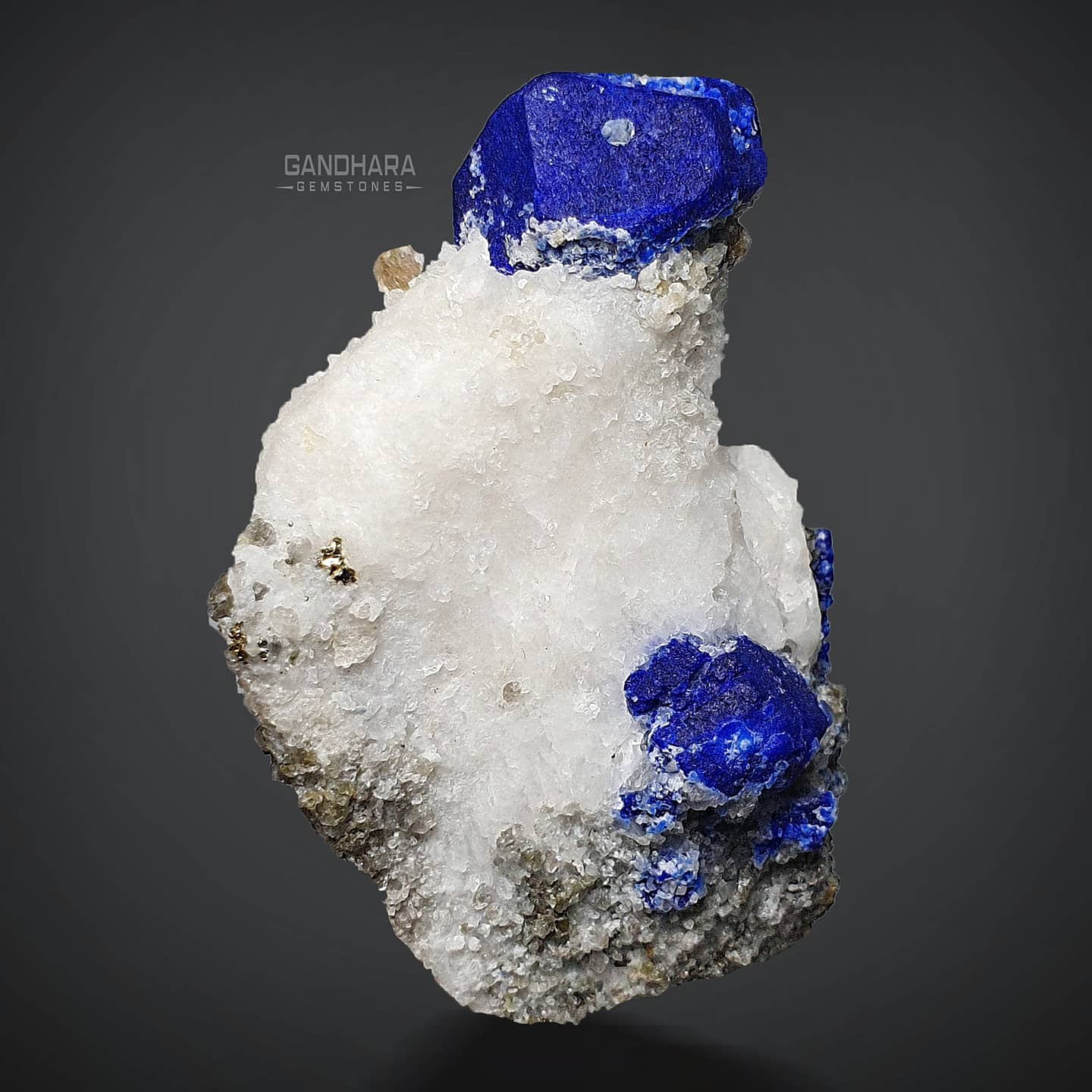 Vibrant Blue Lazurite Crystals on Calcite Matrix with Pyrite