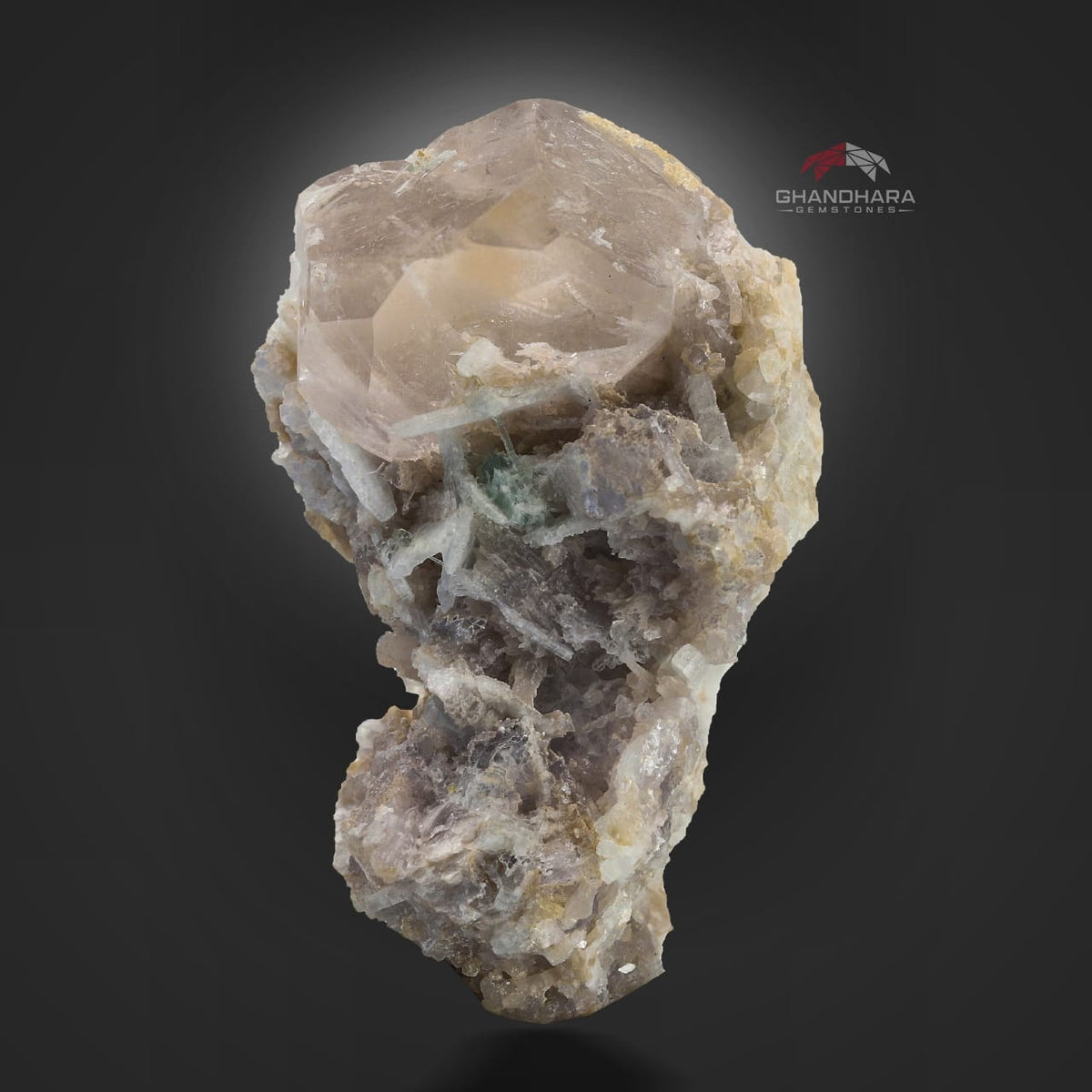 Lovely Multi Faced Morganite Focal Crystal On Lepidolite & Tourmaline