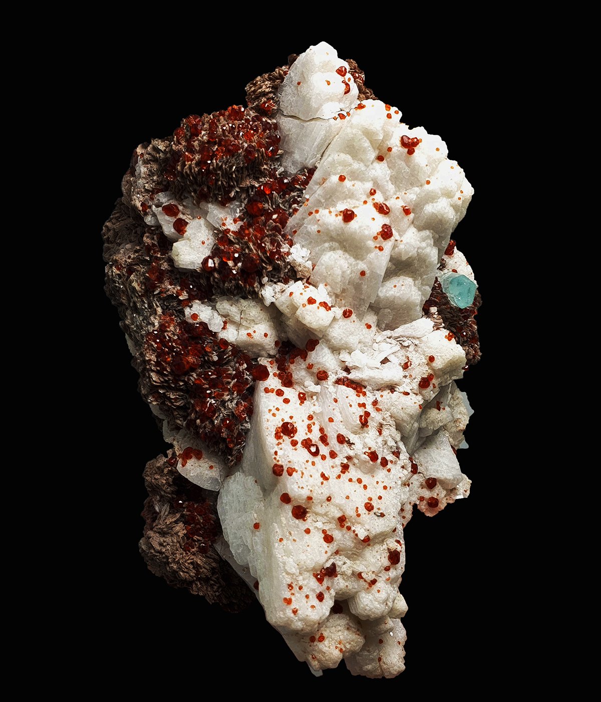 Gorgeous Spray of Red Spessartine Garnet on white Albite with nicely terminated Aquamarine crystal and Muscovite from Skardu, Gilgit, Pakistan